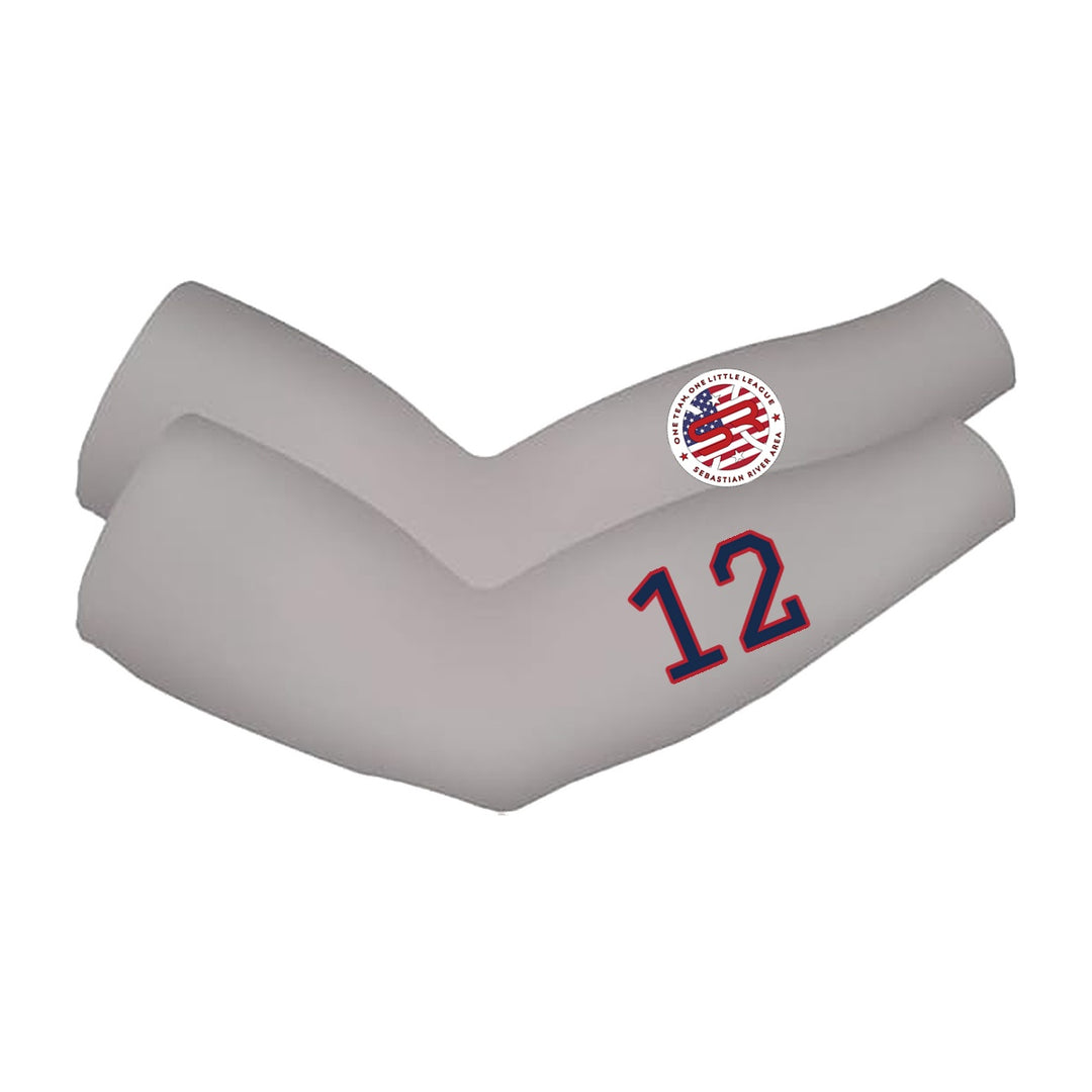 SRALL cooling arm sleeves pair | Grey | Circle logo on one sleeve + player number on other — number 12 is an example