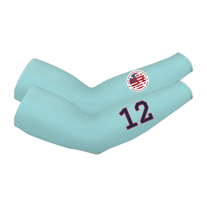 SRALL cooling arm sleeves pair | Mint | Circle logo on one sleeve + player number on other — number 12 is an example