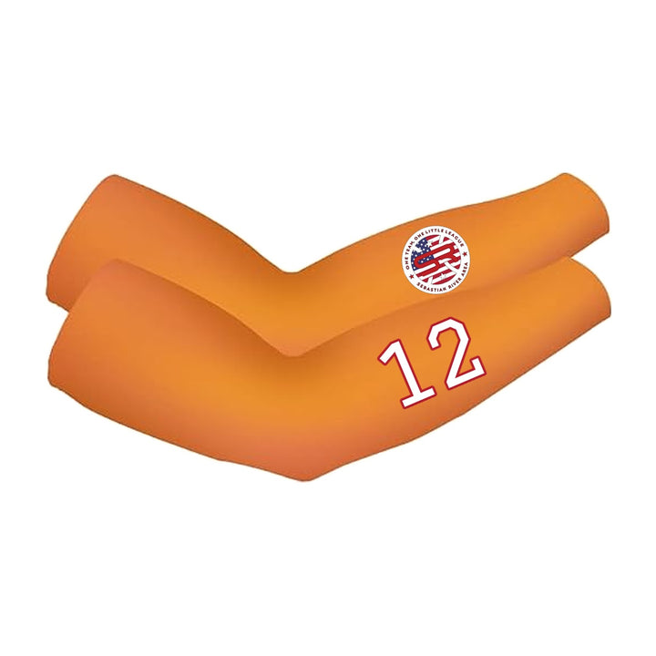 SRALL cooling arm sleeves pair | Orange | Circle logo on one sleeve + player number on other — number 12 is an example