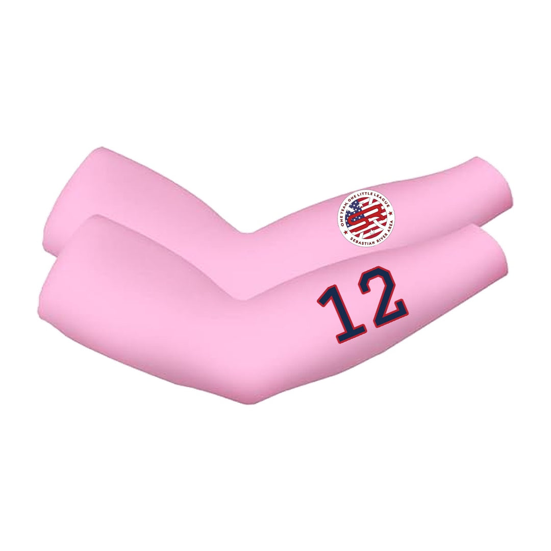 SRALL cooling arm sleeves pair | Pink | Circle logo on one sleeve + player number on other — number 12 is an example