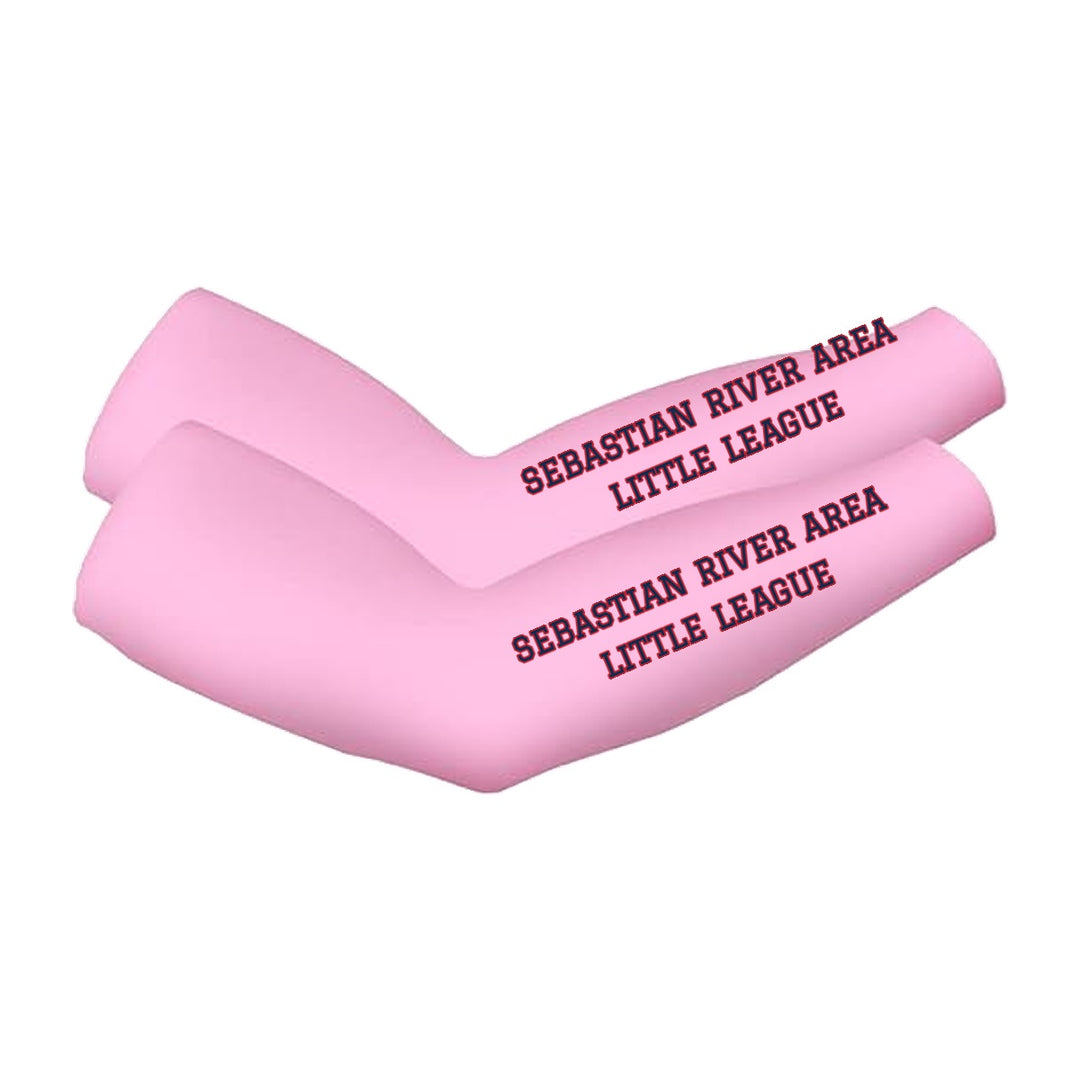 SRALL cooling arm sleeves pair | Pink | Athletic league text on both sleeves — number 12 is an example