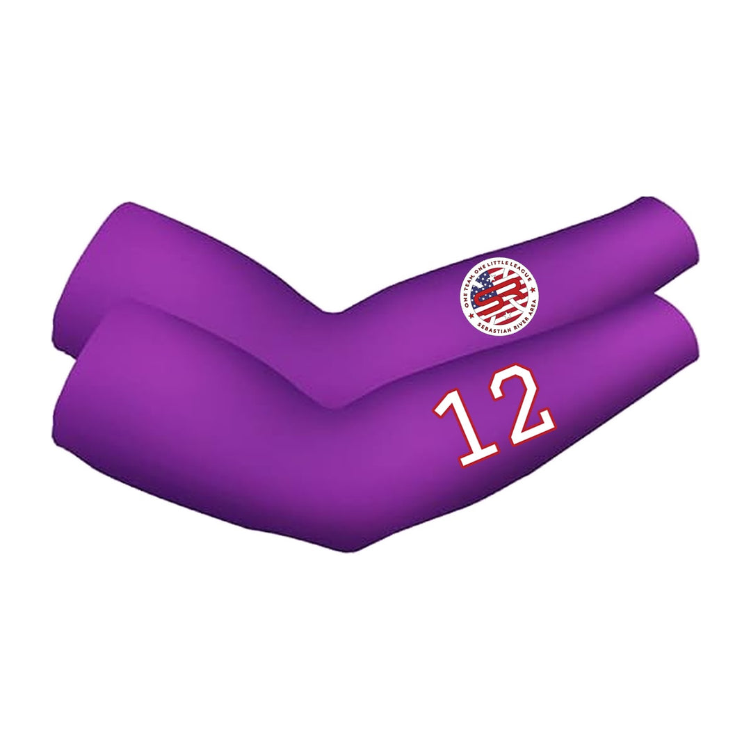 SRALL cooling arm sleeves pair | Purple | Circle logo on one sleeve + player number on other — number 12 is an example