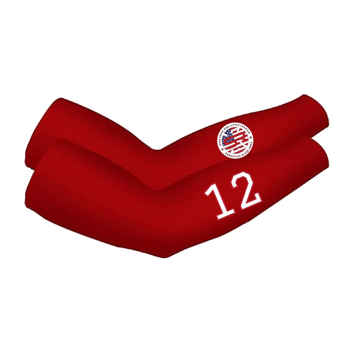 SRALL cooling arm sleeves pair | Red | Circle logo on one sleeve + player number on other — number 12 is an example