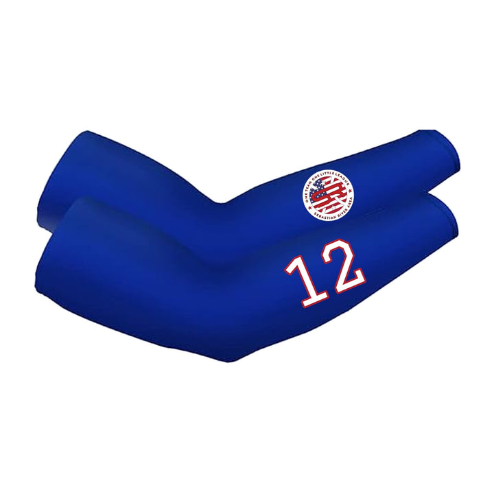 SRALL cooling arm sleeves pair | Royal Blue | Circle logo on one sleeve + player number on other — number 12 is an example