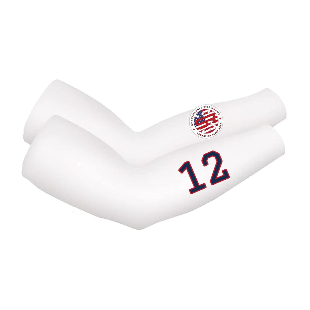 SRALL cooling arm sleeves pair | White | Circle logo on one sleeve + player number on other — number 12 is an example