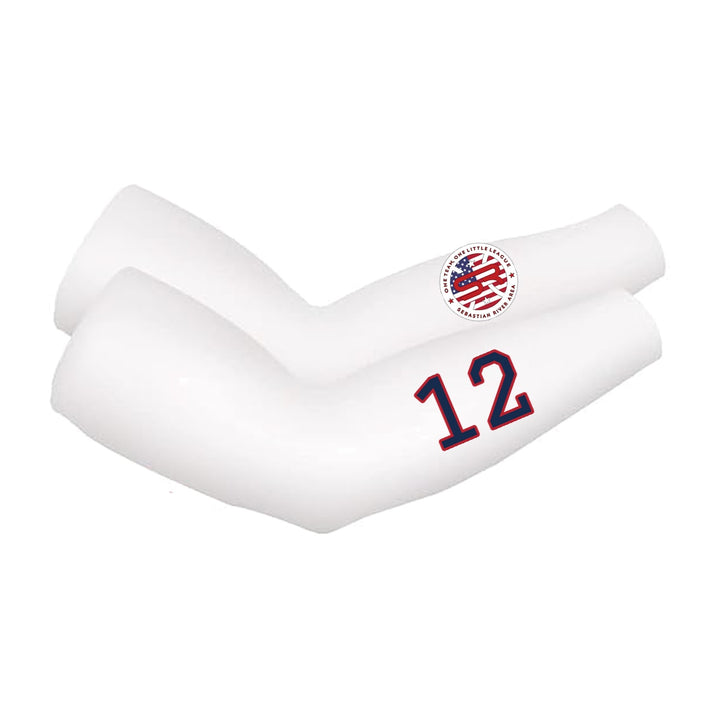 SRALL cooling arm sleeves pair | White | Circle logo on one sleeve + player number on other — number 12 is an example