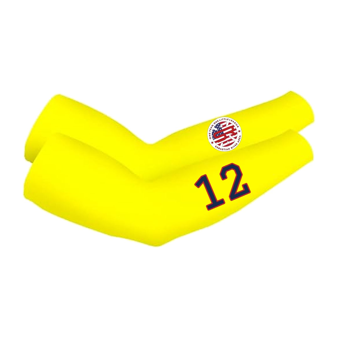 SRALL cooling arm sleeves pair | Yellow | Circle logo on one sleeve + player number on other — number 12 is an example