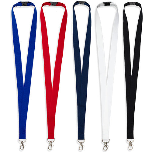 Representative lanyards with plastic neck breakaway clips and metal hooks