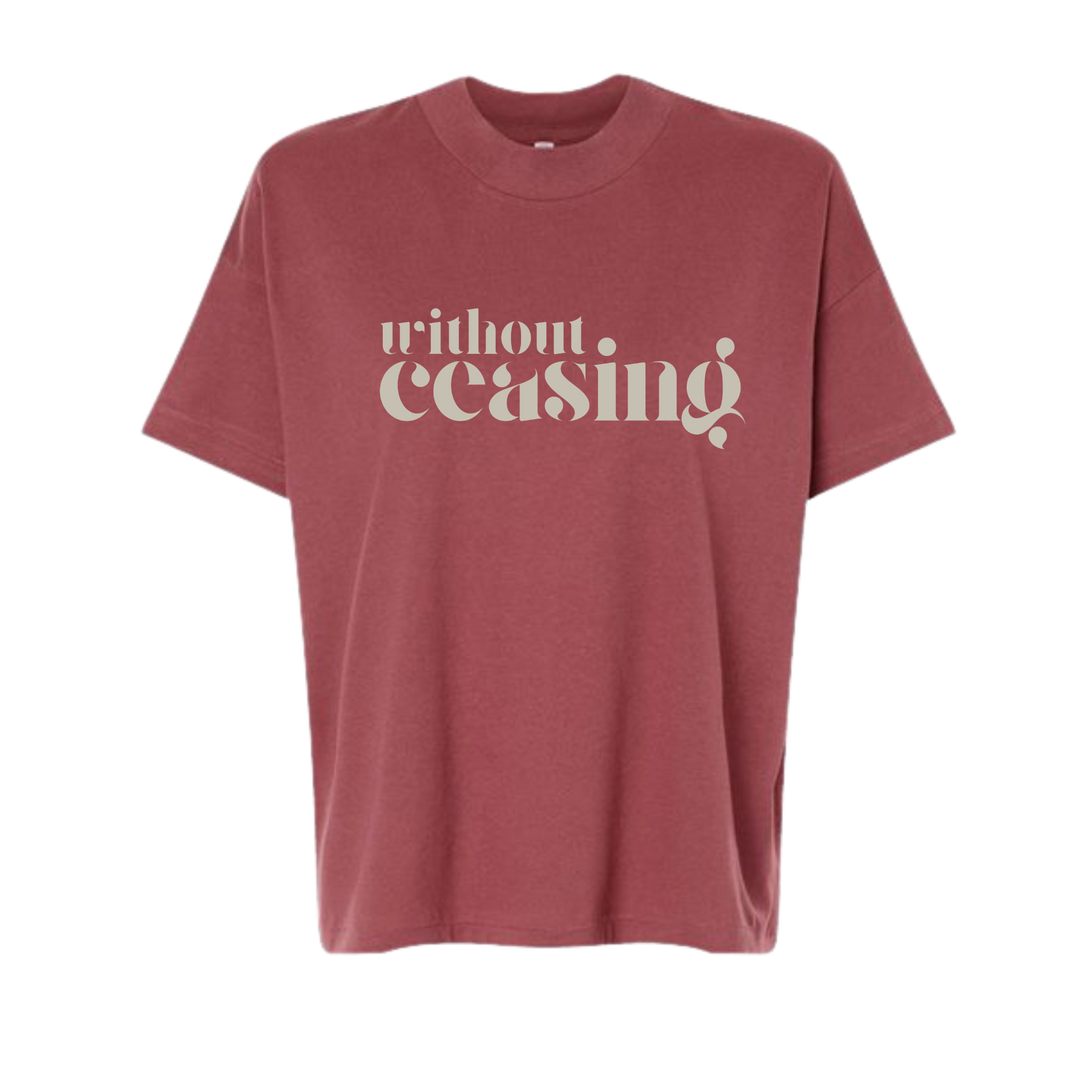 Without Ceasing design on LAT 3519 women's hi-lo tee in Rouge